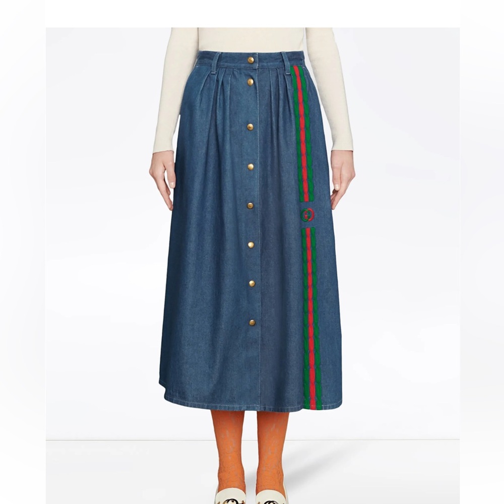 Gucci : interlocking g web denim midi skirt